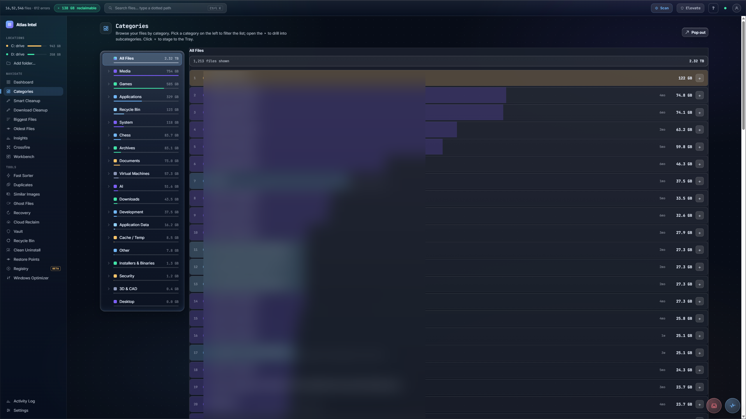 Categories inside Atlas Intel, real capture with personal data blurred